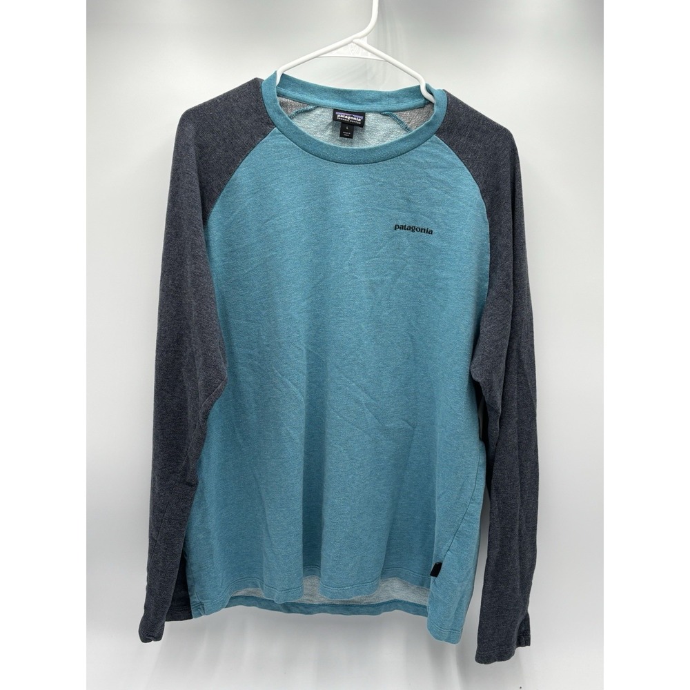 Patagonia Men's‎ Large Organic Cotton Raglan Long Sleeve Shirt Teal Gray Logo